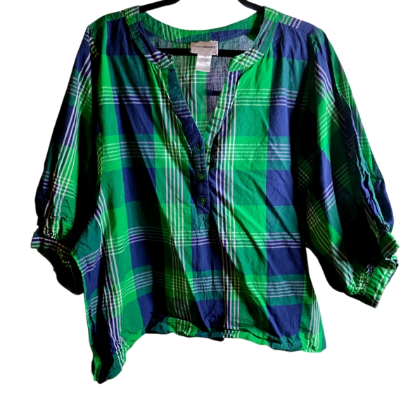 Stylish Green and Blue Plaid Button-Down Shirt 1X - Picture 2 of 4